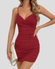 Wrap-Style V-Neck Slim-Strap Ruched-Back Mini Dress