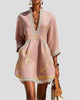 V-Neck Marble Print Crochet-Trim Mini Dress