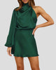 Satin-Look One-Shoulder Long-Sleeve High-Neck Mini Dress