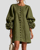 Round-Neck Floral-Cuff Button-Front Mini Dress