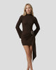 Long-Sleeve Ribbed Mock-Neck Draped Ring-Detail Mini Dress