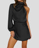 Satin-Look One-Shoulder Long-Sleeve High-Neck Mini Dress