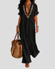 Embroidered V-Neck Maxi Dress with Collar and Chest Pocket
